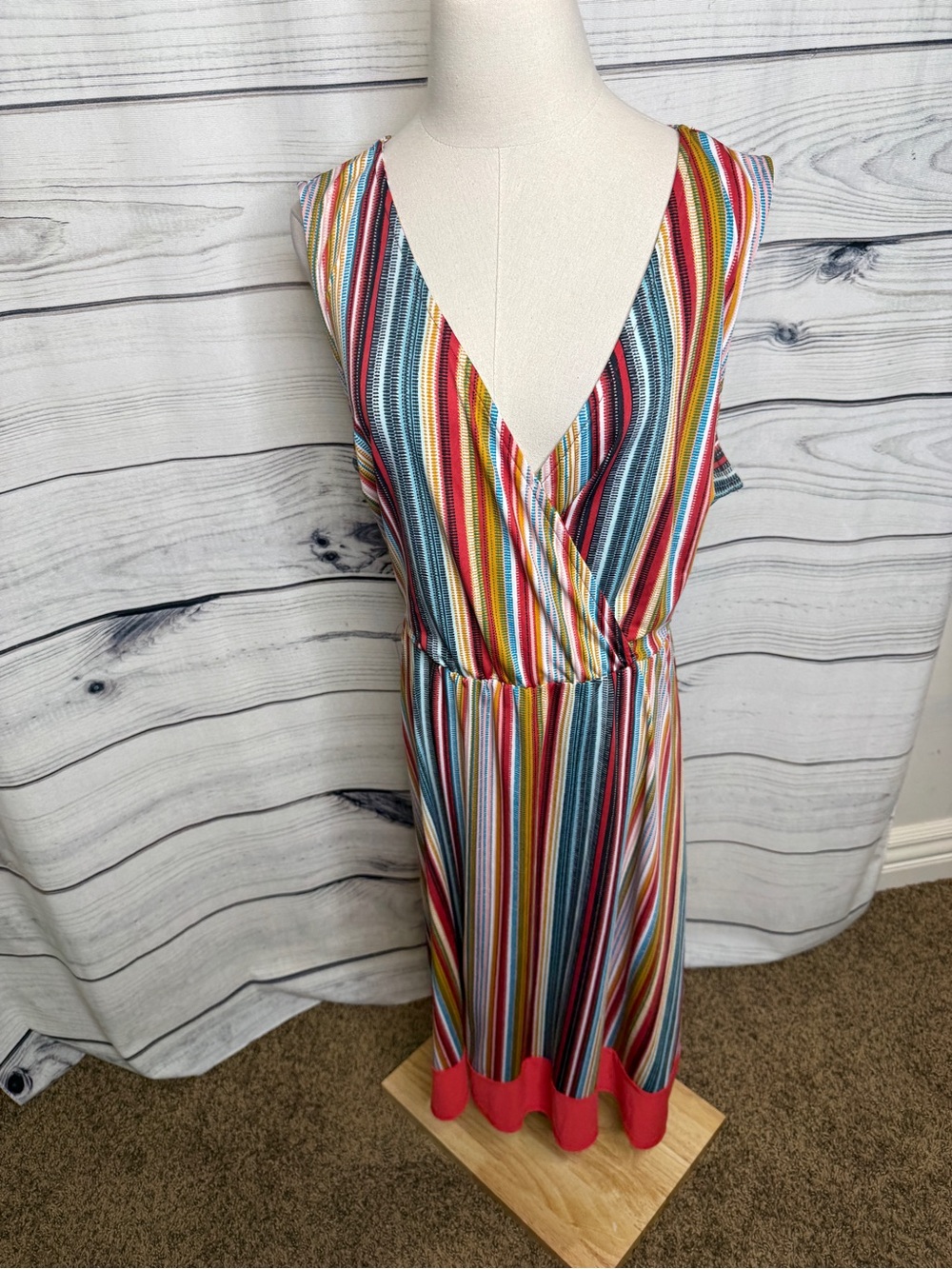 Love Squared Multicolor Striped V-Neck Sleeveless Dress with Coral Hem